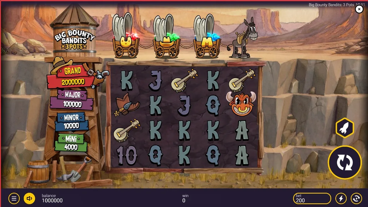 Tampilan visual slot Big Bounty Bandits: 3 Pots dengan gaya animasi klasik