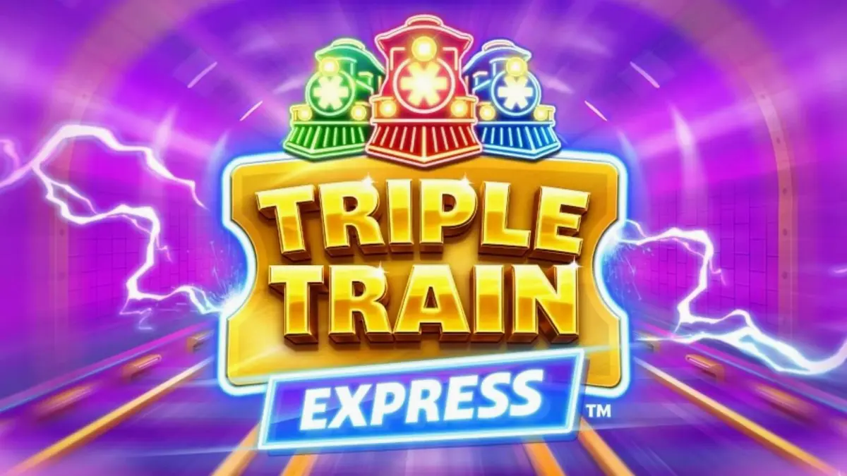 Tampilan layar permainan slot Triple Train Express dengan kereta futuristik dan latar belakang terowongan neon