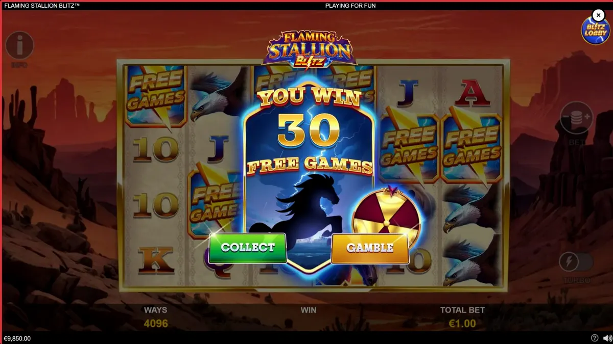 Flaming Stallion Blitz slot game interface showing the flaming blue stallion symbol.