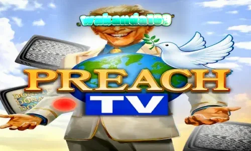 Tampilan visual studio TV retro dalam slot Preach TV dengan elemen satir yang kental.